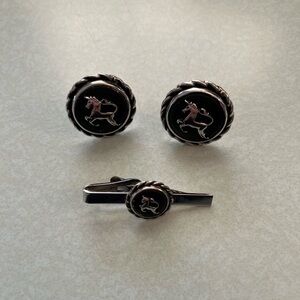 Vintage Unicorn Prancing Black and Silver Cufflinks and Tie Clip Set